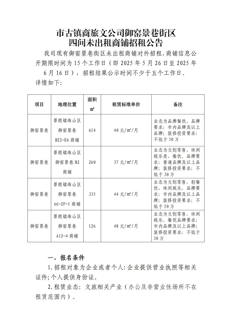 市古镇商旅文公司御窑景巷街区四间未出租商铺招租公告