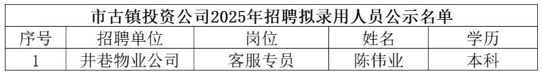 景德镇市古镇投资管理有限公司2025年公开招聘工作人员拟聘用人员名单公示